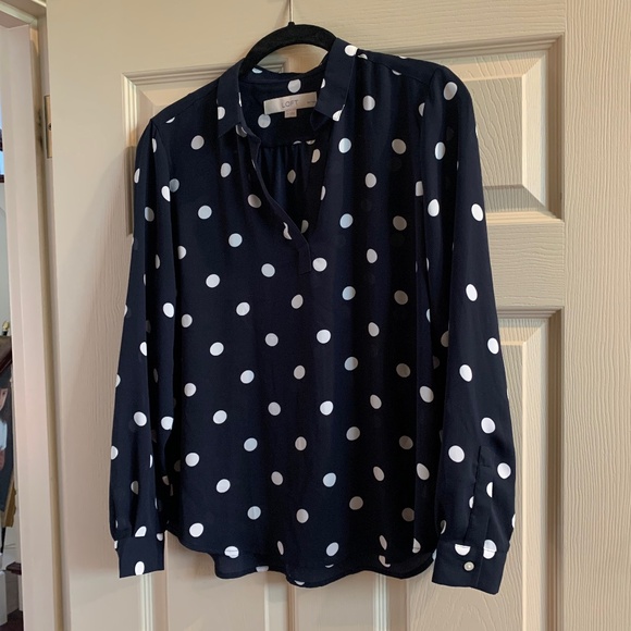 Loft Tops - Loft Petites Navy Blue/White Polka Dot Blouse sz PS